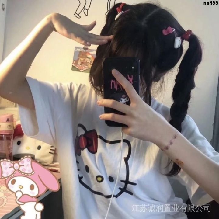 Printed%20Summer%20Student%20New%20Hello%20Kitty%20Wide%20T%20T-shirt%20Bow%20Japanese%20Style%20Cartoon%20Cute%20kt%20Loose%20Short%20Sleeve%20White%20Women%20=%20-%20Image%208