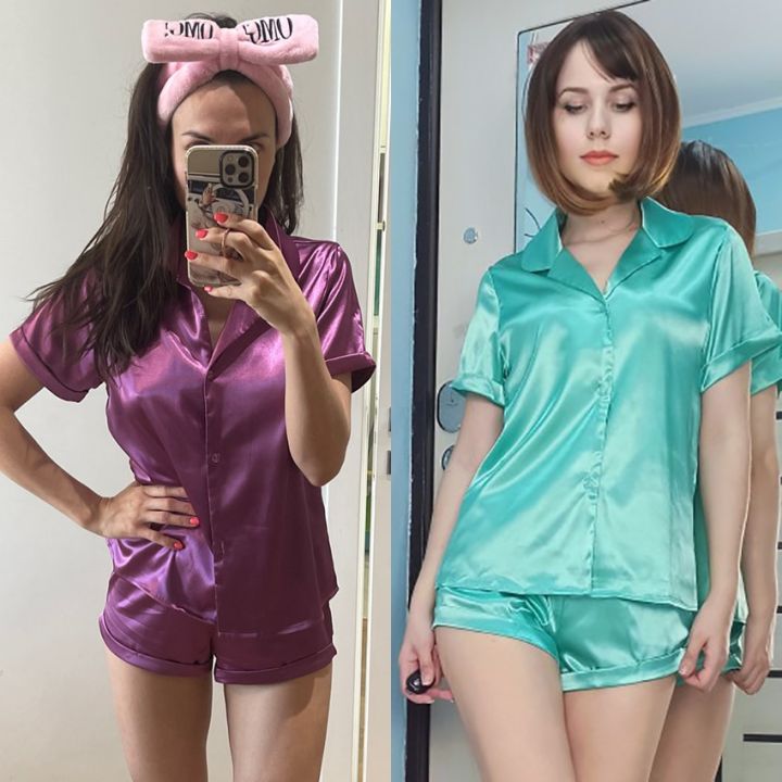 Women%20Sleepwear%20Summer%20Pajama%20Set%20Pink%20Turn%20Down%20Collar%20Faux%20Silk%20Satin%20Blue%20Short%20Sleeve%20Casual%20Female%20Pijama%20Home%20Wear%20Shorts%20-%20Image%208