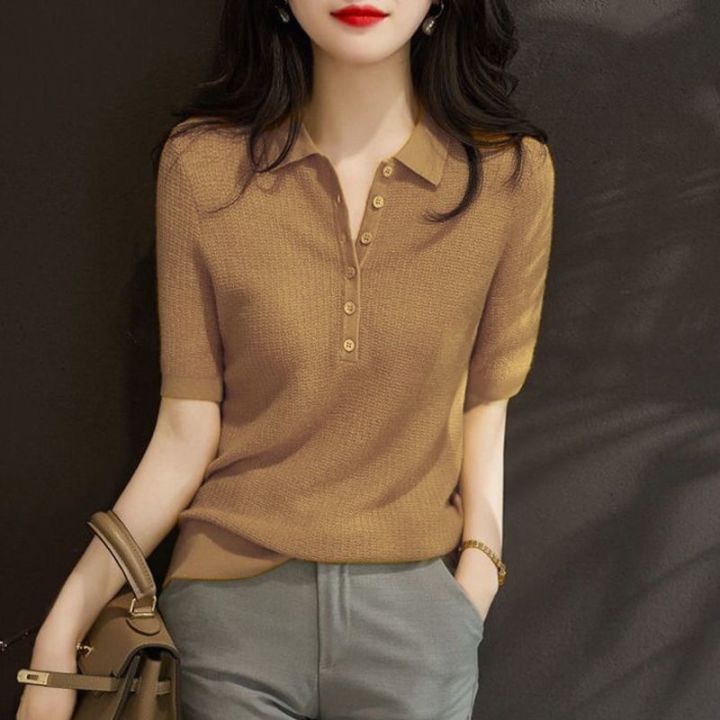 Juzui%20Women's%20Clothing2023Summer%20Mulberry%20SilkPoloShirt%20Thin%20Loose%20Ice%20Silk%20Sweater%20All-Match%20Short%20SleeveTT-shirt%20-%20Image%204