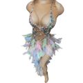 Nightclub Party Celebration Feather Rhinestone Dress Women Elastic Sleeveless Prom High Slit Dress Stage Performance Outfit. 