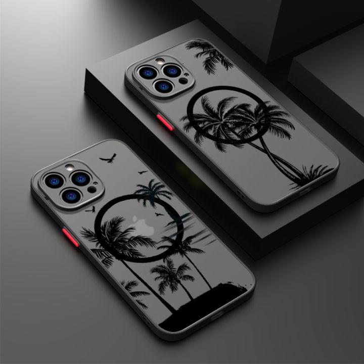 Magnetic Coconut Palm Pattern Case For iPhone 15 14 Pro Max 13 12 11 For Magsafe Wireless Charge Matte Hard Back Cover Fundas