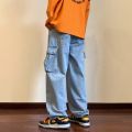 Wide Leg Cargo Pants Autumn New Streetwear Baggy Hip Hop Jeans Big Pockets Men Korean Fashion Loose Straight Male Clothing Blue. 