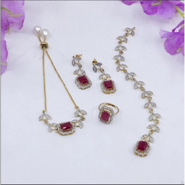 American Diamond Jewelry Combo Set of Necklace Set With Earrings, Bracelet  and Adjustable Finger Ring