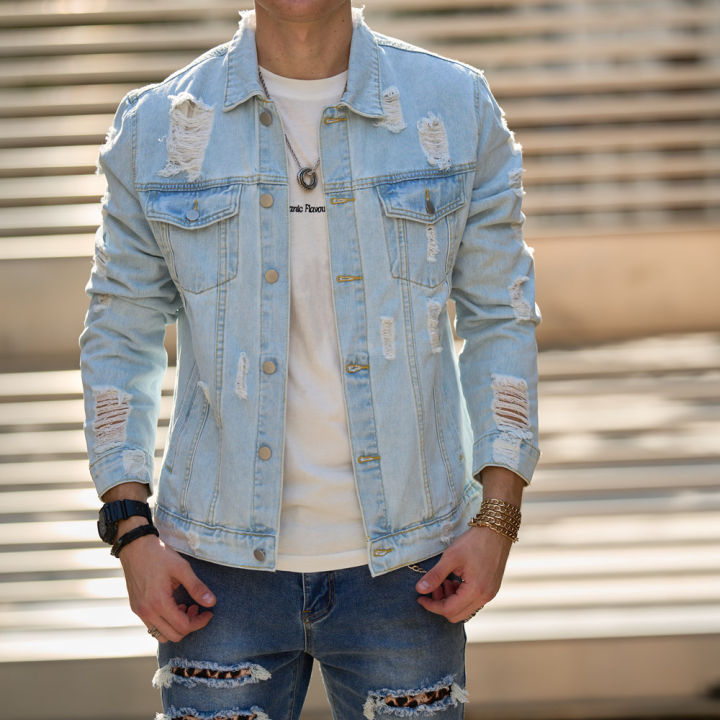 Autumn New Men Streetwear Fashion Solid Holes Slim Denim Jacket High quality Male Casual Jacket Coat