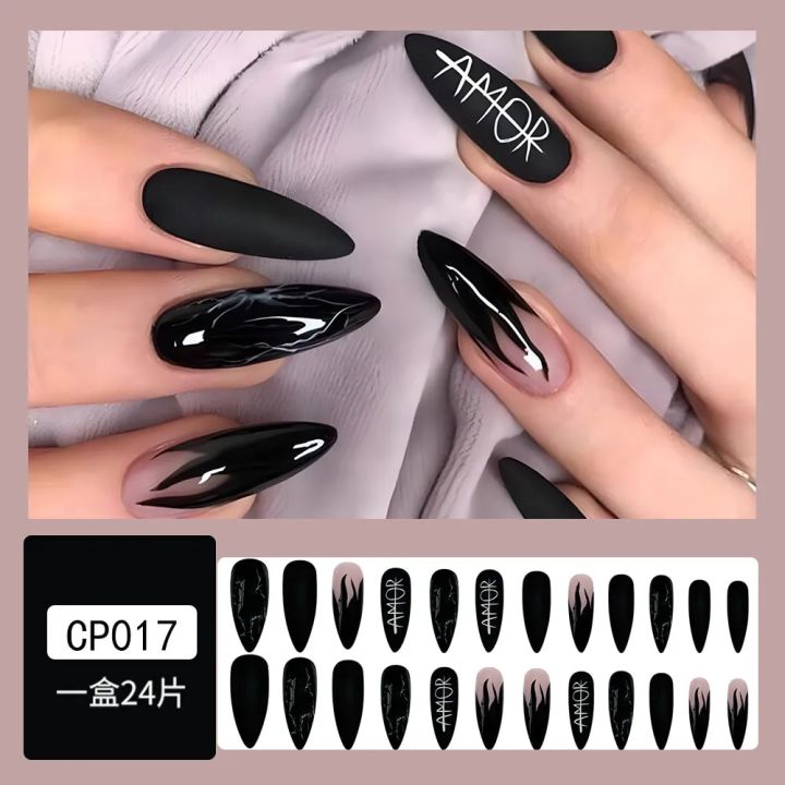Black%20Almond%20Nails%20Set%20Press%20on%20Flame%20Matte%20Tips%20Finger%20False%20Nails%20Reusable%20Adhesive%20Full%20Cover%20Acrylic%20Fingernails%20-%20Image%202