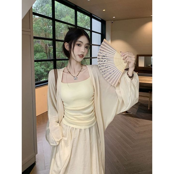 Long Sun Protection Cardigan Pleating Camisole Mid-Length Fairy Skirt Spring2023New fashion outfit