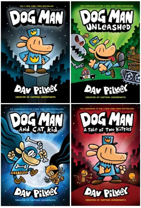 Dogman 4 Book set: Dog man Dog Man, Unleashed, A Tale of Two Kitties, Dog Man and Cat Kid by Dav Pilkey