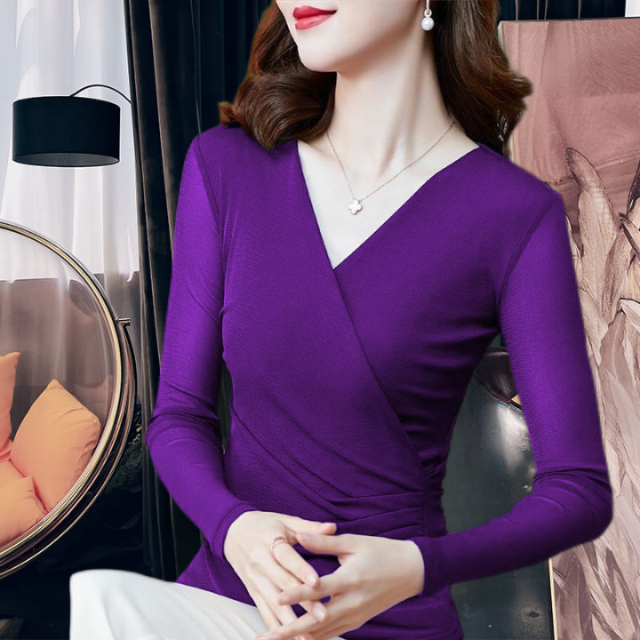 2023 Spring and Autumn New Korean Style Western Style Slim Fit Black Mesh Cross V Collar Bottoming Shirt Long-Sleeved Top T Women's T-shirt
