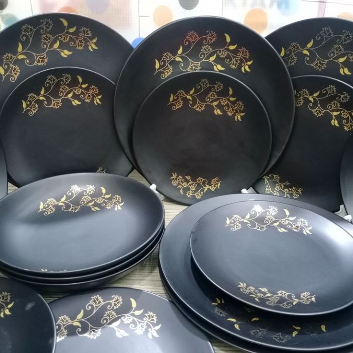 18 Pcs Black Dinner Set Gift And Home Decoration-6 Pcs Dinner Plate-6Pcs  Half Plate