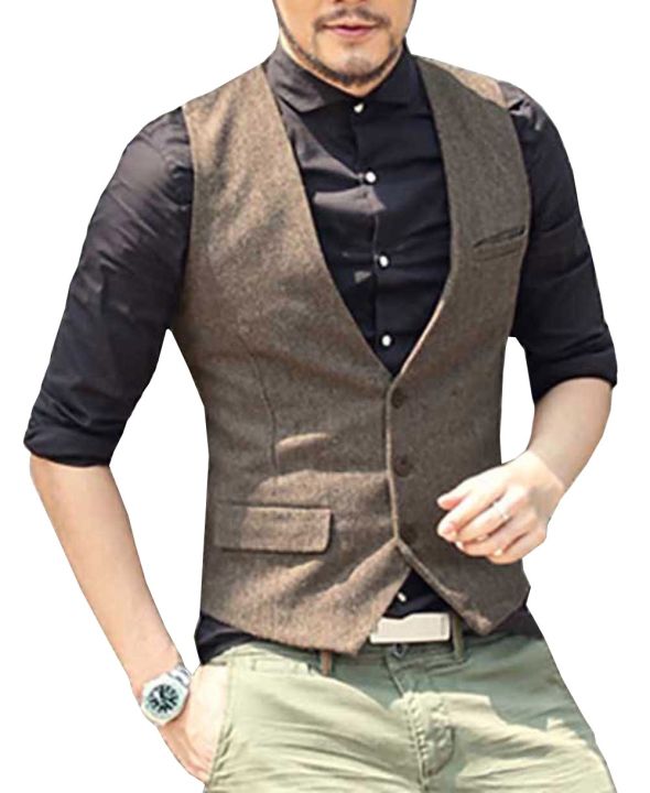 Mens Suit Vest V Neck Wool Brown Grey Formal Single-breasted Waistcoat Casual Business Groomman For Wedding Slim Fit Vest