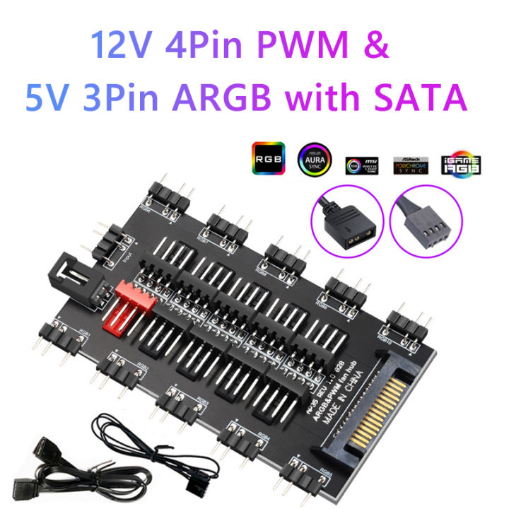 5V 3 pin ARGB Cable ASUS AURA SYNC RGB 10 Hub Splitter SATA Power Extension Cable Adapter LED Strip Light PC ARGB Fan Cooler