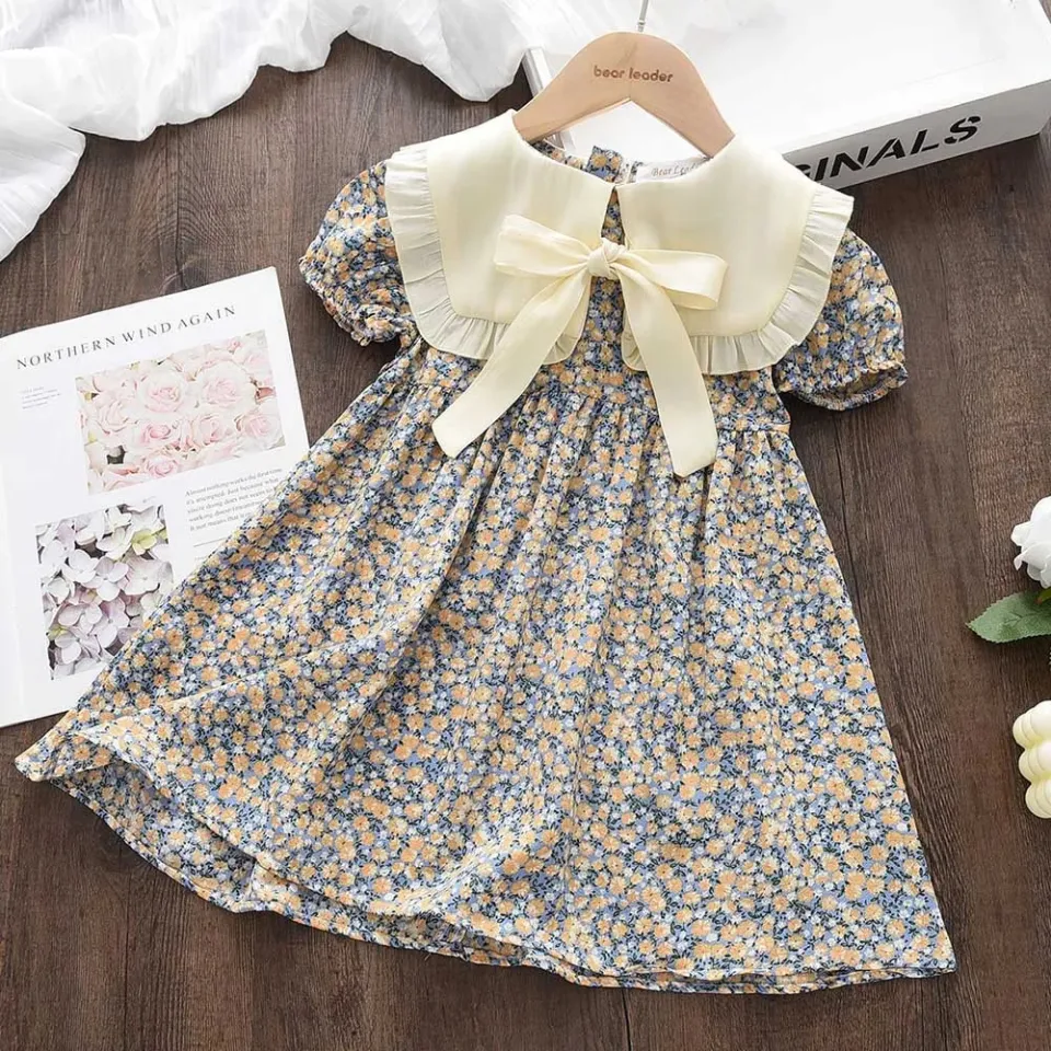 Casual Summer Kids Girls Dress Floral Kids Clothes Bow Patchwork