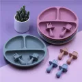 Silicone Baby Tableware with Suction Cup Toddler Plate and Portable Fork Spoon Kids Food Bowl Set D. 