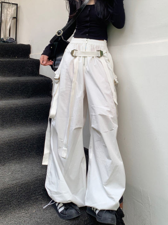 American White Spicy Girl Workwear Pants Women'S Design Sense Drawstring Pockets Loose Fitting Wide Leg Casual Pants