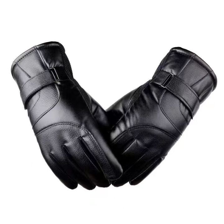 【Great Selection】 Leather Gloves Winter Men's Motorcycle Riding Electric Car Winter Cycling Fleece Lined Padded Warm Keeping Gloves Cotton-Padded Warm-Keeping