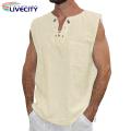 Sleeveless Tee Shirt Stylish Men's V-neck Le-up Ta Tops Sleeveless Solid Color Shirt with Patch cket Trendy Stwear. 