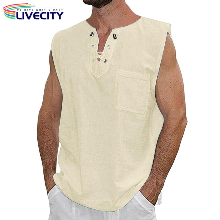 Sleeveless%20Tee%20Shirt%20Stylish%20Men's%20V-neck%20Le-up%20Ta%20Tops%20Sleeveless%20Solid%20Color%20Shirt%20with%20Patch%20cket%20Trendy%20Stwear%20-%20Image%205