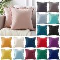 Decorative Throw Pillow Covers For Couch Bed Soft Particles Velvet Solid Cushion Covers With Pom Poms. 
