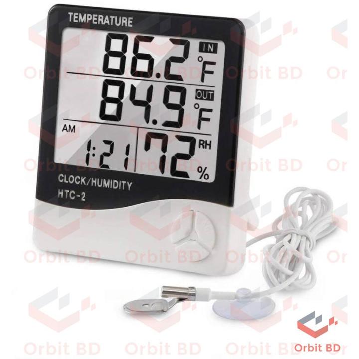HTC2 H.T.C-2 Digital LCD Display With Temperature Humidity Meter Gauge Thermometers Hygrometer Temperature Sensor Indoor Outdoor 1.5M Length Cable Probe With Clock Wall Mount Meter(null)