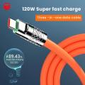 Original Zinc Alloy 3 In 1 120W 6A Super Fast Charging Cable Liquid Silicone Fast Charging Data Cable For Micro USB Type-C Iphone With Indication Light.