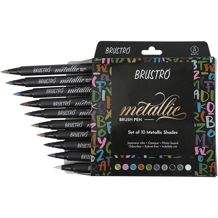 BRUSTRO Metallic Brush Pens Set of 10 Colors with Soft Brush Tip for Calligraphy Hand Lettering Colouring Scrapbooking and Card Making