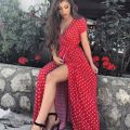 Summer Ladies Long Split Dress Polka dot Beach Dress Maxi Dress Women Evening Party Dress Floor-length Beach Hobo Sundress. 