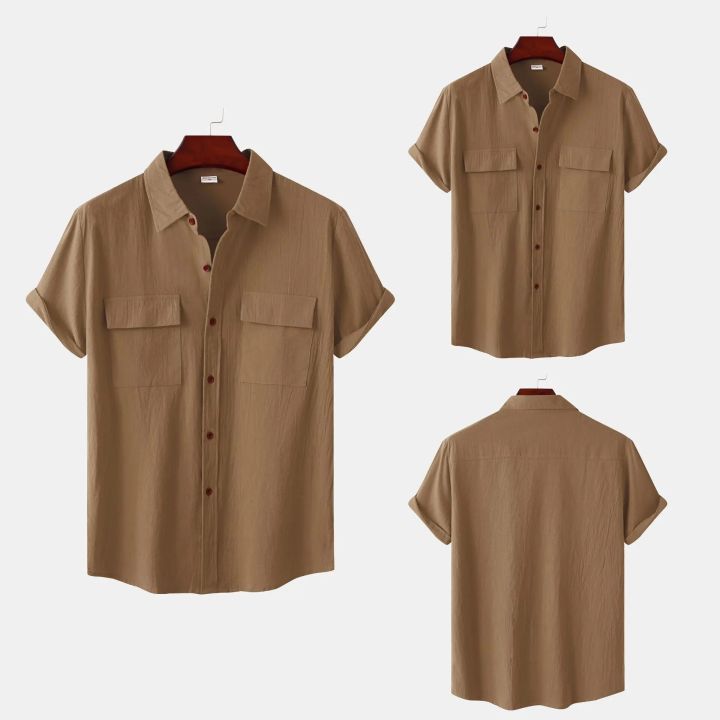 Cotton Linen Solid White Shirts for Men Summer Double Pocket Short Sleeve Casual Shirt Mens Business Holiday Breathable Camisas