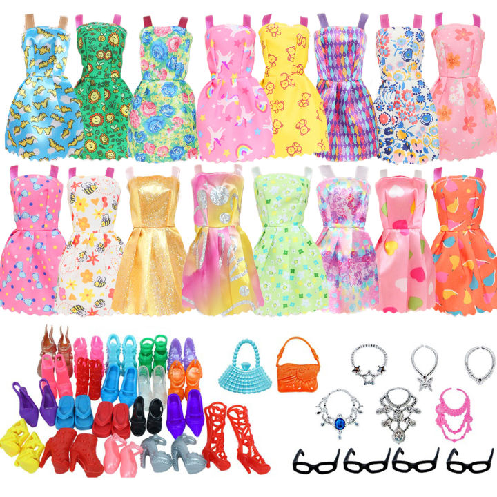32 Item/Set Doll Accessories=10 Mix Fashion Cute Dress+ 4 Glasses+ 6 Necklaces+2 Handbag+ 10 Shoes Dress Clothes For Barbie Doll