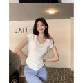 40 Support 94 Cotton Combed Cotton Sweet and Spicy V Collar Slim-Fitting Basic Short Sleeve T T-shirt Women's Summer New Slim Fit Slimming Top. 