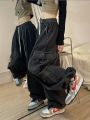 Grunge Hot Girl Vintage Big Pocket Oversized Baggy Cargo Jeans Femme Elastic Waist Straight Wide Leg Pants Denim Trousers women.