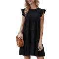 Women's Dress Solid Color Round Neck Short Sleeve Casual Cake Skirt Pleated Large Swing Skirt. 