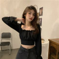 [ Four-Sided Bomb ] Niche Design Long Sleeve Black Slimming Shirt 2024 Spring and Summer Slim Fit Short Square Collar Lining. 