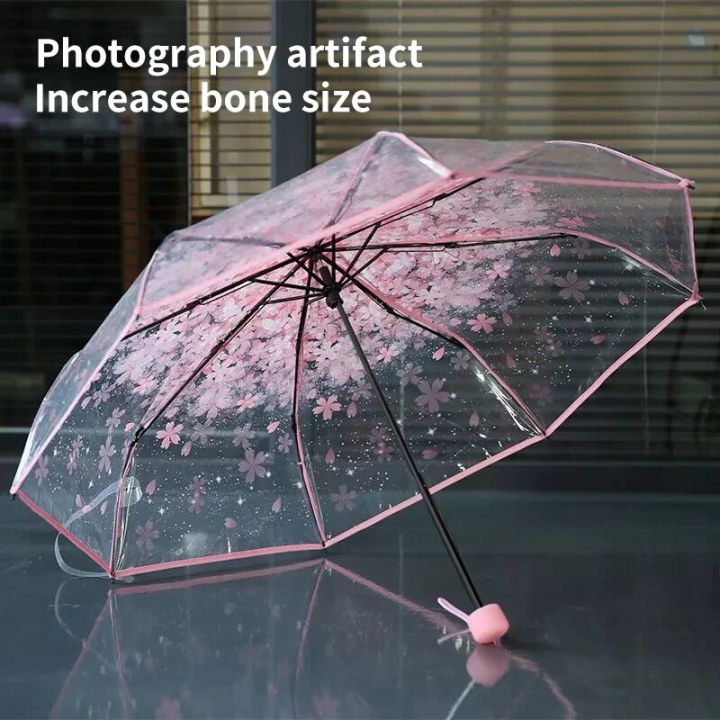 Transparent Folding Umbrella, Cute, Mini, Fresh, Simple, Sen Series, Trifold, Cherry Blossom Transparent Umbrella