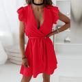 Women Elegant Floral Print Ruffle Mini Dress Casual Long Sleeve A-Line Beach Dress Summer V-Neck Pleated Party Dress.
