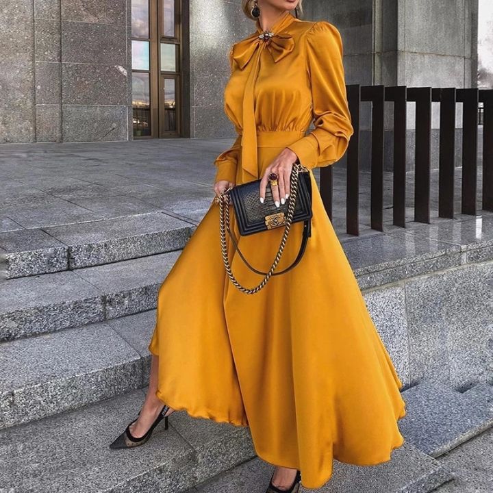 Elegant Vintage Dresses Classy Outfits Women 2021 Fashion Spring Autumn  Long Sleeve Satin Yellow Dress Chic Maxi Dress | Daraz.com.bd