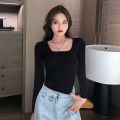 Black Square Collar Fleece-Lined Thickened Long-Sleeved Bottoming Shirt for Women Skinny Inner Match T T-shirt 2021 Winter and Spring All-Match Low Collar Top.