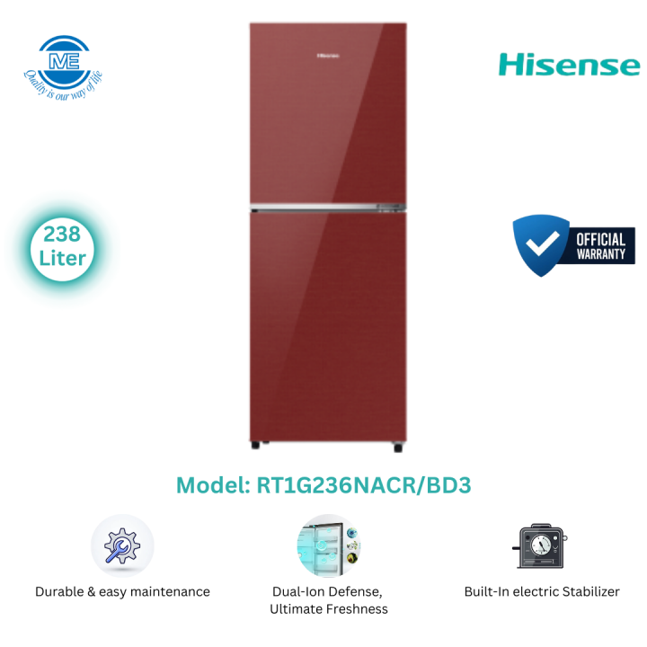 HISENSE 238 Liter TMF Glass Door Inverter Refrigerator Cherry Red | RT1G236NACR/BD3
