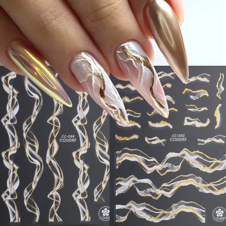 Gold Marble Blooming Ink Nail Art Stickers 3D Metallic Wave Stripes Line Geometric Manicure Nail Decals Adhesive Sliders Decors