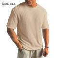 Plus Size 5XL Men Fashion Basic Tops Round Neck Knitted T-shirt 2024 New Summer Casual Pullovers Mens Simple Ruched Tees Shirt.