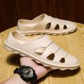 Closed-Toe Slippers Men's Summer Outdoor Non-Slip Deodorant Beach Sports Leather Sandals Hollow Driving Half Slippers Vietnam Hole. 