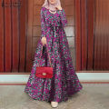 ZANZEA Muslimah Women Muslim Long Sleeve Belted Waist Floral Kaftan Outing Loose Maxi Dress.
