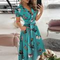 2021 New Women Elegant V-Neck Midi Dresses Short Sleeve Lace Up Female Print Dress Summer Office Ladies Casual Chic Vestidos. 