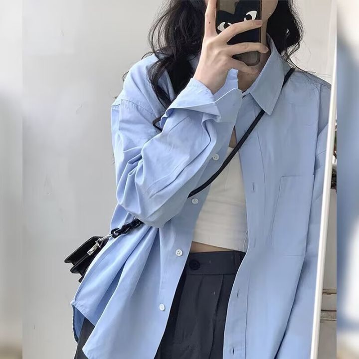 Spring Clothes for Women 2024 New Blue Color Shirt Women's Design Sense Niche French Shirt Long Sleeve Early Spring chic Top
