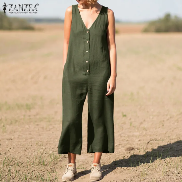 ZANZEA%20Women%20Summer%20Cotton%20Linen%20Sleeveless%20Jumpsuit%20Loose%20Casual%20V%20Neck%20Solid%20Playsuit%20-%20Image%203