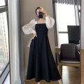 【Limited stock】 Long-sleeved Black Fried Street Hao Benfeng dress Women's New Spring and Autumn Stitching Square Collar French Skirt Vintage A- line Skirt（45kg-50kg）. 