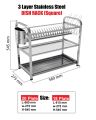 SKB Cookware Wall Hanging 3 Layer Stainless Steel Dish Rack (Square) 18 & 20 Plate - High Quality with Glass & Spoon Holder.