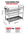 SKB Cookware Wall Hanging 3 Layer Stainless Steel Dish Rack (Square) 18 & 20 Plate - High Quality with Glass & Spoon Holder. 