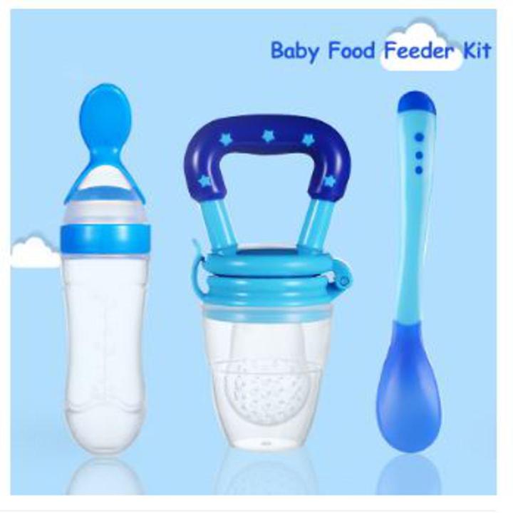 3 Pcs Baby Food Feeder Kit Squeeze Feeding Bottle with Spoon Baby Bite Pacifier Temperature Spoon Fruit Vegetable Feeder Squeezing Food Bottles Rice Paste Juice FeederInfant Fruit Feeder Pacifier Teething Toy