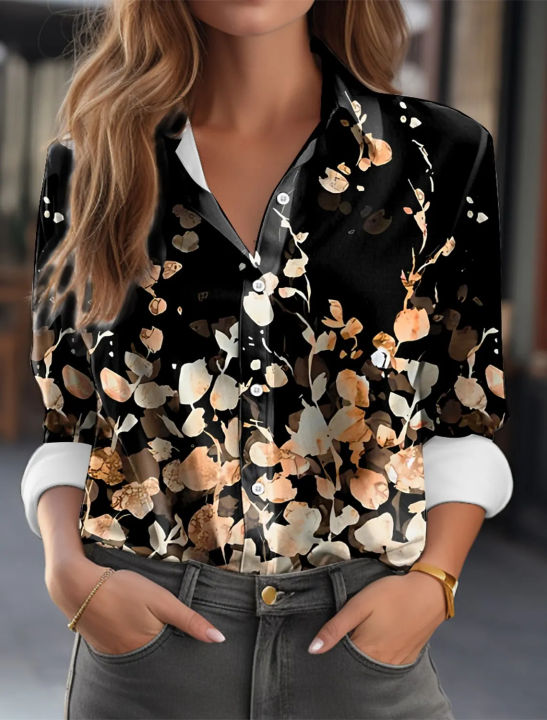 2024%20Summer%20Flower%20Printed%20Long%20Sleeved%20T-Shirt%20Women%20Loose%20Elegant%20Tops%20Office%20Lady%20Vacation%20Beach%20Casual%20Sweet%20Blouse%20-%20Image%205