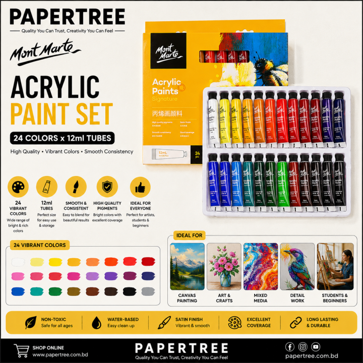 Mont Marte Acrylic Paint Set 24 Colors × 12ml Tubes for Painting & Artwork